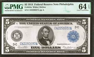 1914 $5 PHILADELPHIA FEDERAL RESERVE NOTE ~ CHOICE UNCIRCULATED ~ PMG 64 EPQ - Picture 1 of 2