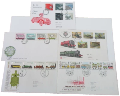 QUEEN ELIZABETH II CARS & TRAINS STAMP COVERS X 5 - PLEASE SEE PHOTOGRAPHS - Image 1 of 4