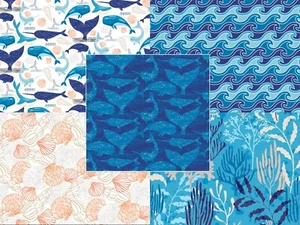 Crafts Fabrics Whale Hello There Nautical Narwhal Weeds Shells Waves 100% Cotton - Picture 1 of 6