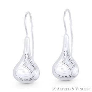 Hollow 1.3" D-Cut Pave 925 Sterling Silver Tear-Drop / Dangle Hook-Post Earrings - Picture 1 of 1