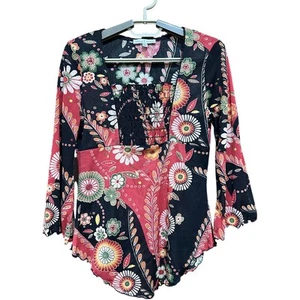 Moa Moa Tunic Top Womens Large Black Pink Semi Sheer Line Floral Abstract Preppy - Picture 1 of 8