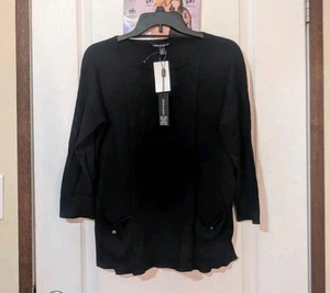 Cable & Gauge Black Sweater w/ 2 Front Pockets 3/4 Sleeves Knit Size Medium - Picture 1 of 11
