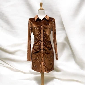House of Harlow 1960 Mini Dress Sz M Copper Velvet Floral Rouched Button Up - Picture 1 of 10