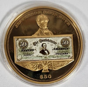 Rare 24K Gold Layered Jefferson Davis 1861 $50 Confederate Bank Note Medal - Picture 1 of 2