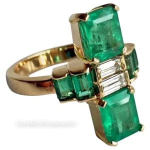 Kolumbianischer Vintage Damen Ring 3,50 kt echter grüner Smaragd 14 Karat Gelbgold-Finish - Bild 1 von 10