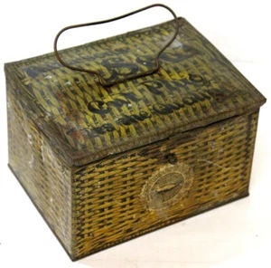 VINTAGE PATTERSON'S SEAL CUT PLUG TOBACCO TIN - HANDLED PICNIC BASKET EMPTY - Picture 1 of 5