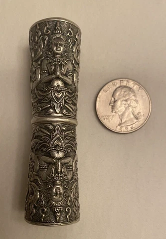 Antique Siam Sterling Silver Filigree Needle Case Seated Goddess 3" Tall Cover