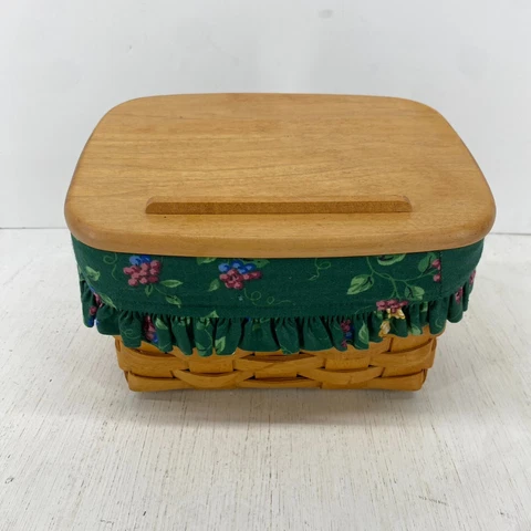 Longaberger Recipe Card Box Basket w/ Wood Lid Fabric Liner 1997 Cover
