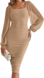 MEROKEETY Women's Long Puff Sleeve Ruched Bodycon Dress Square Neck Mesh Cocktai - Picture 1 of 5