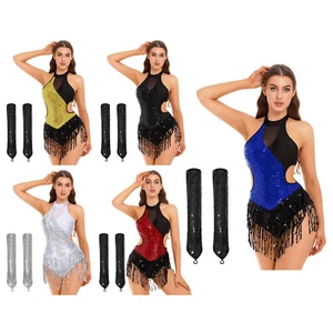Women Leotards Jazz Outfits Fringed Costumes Rhythm Bodysuit With Long Gloves - Picture 1 of 55