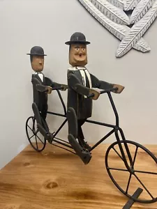 Laurel & Hardy Hand Carved Wood Figurine Movable On Metal Bike Bicycle Vintage - Picture 1 of 11