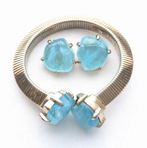 Natürliches Aquamarin Schlangenarmband Ohrclips Set Mid Century Schmuck - Bild 1 von 8