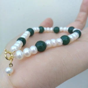 Beautiful Design AAA AKOYA White Pearl Green Jade Bracelet 7.5-8" 14k Gold P - Picture 1 of 6