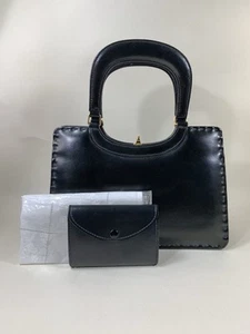 Widegate Black Leather 1960s Vintage Handbag Buff Suede Lining Mirror In Case - Picture 1 of 24