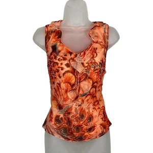 ICE Vintage 90s 100% Silk Orange Ruffle Animal Print Beaded Tank Top Blouse L - Picture 1 of 5
