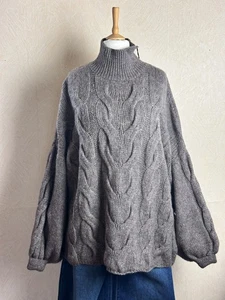 OVERSIZED CABLE KNIT JUMPER Taupe Balloon Sleeve #2025083 - Picture 1 of 2