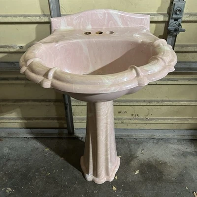 Fregadero pedestal rosa jaspeado vintage mediados de siglo raro Foto 1 de 4