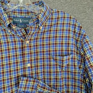 Polo Ralph Lauren Shirt Mens Blue Colorful Plaid Button DownDress Shirt Large - Picture 1 of 9