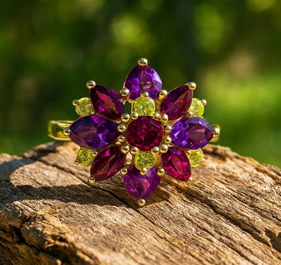 Anel peridoto granada ametista ouro 10k • Anel de coquetel cluster • Tamanho 9 natural - Imagem 1 de 4