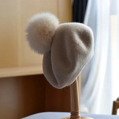 Mujeres Lolita Niñas Invierno Mezcla de Lana Boina Sombrero Piel de Zorro Real Pom Gorra Lindo Foto 1 de 4