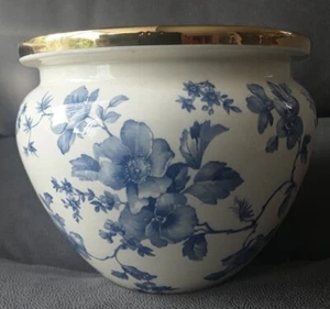 Villeroy & Boch Blumenübertopf Monika blaue Blumen florales Muster Goldrand V&B - Bild 1 von 11