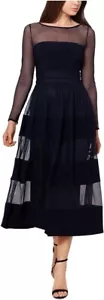 Betsy & Adam Mujer Bailey Mangas Largas Malla Paneles Combo Midi Vestido Marino Talla 10 - Imagen 1 de 6