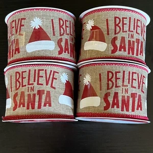 I BELEIVE IN SANTA Christmas Burlap 2.5 in x 20 ft Wired Ribbon x 4 Rolls 80 Ft - Picture 1 of 5
