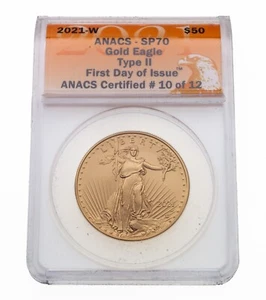 2021-W Burnished $50 1 Oz. Gold American Eagle T2 ANACS SP70 FDOI w/ Box - Picture 1 of 6