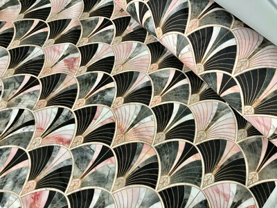 Marble Pink Fan Bow Art Deco Shell Damask Fabric Fountain Curtain Cotton 55"wide - Image 1 of 4