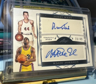 2023 Leaf Trinity Dual Autographs #DA17 Jerry West Magic Johnson /49 Lakers - Image 1 of 4