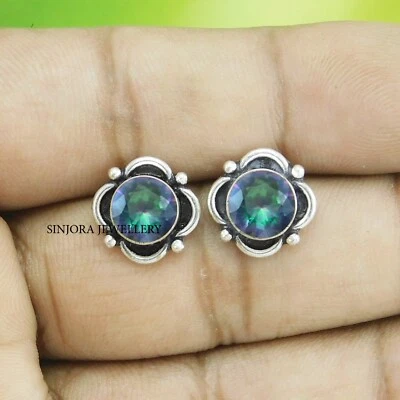 Mystic Topaz Gemstone 925 Sterling Silver Handmade Jewellery Stud Earrings - Image 1 of 4