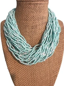 Vintage Multi Strand Teal Seed Bead Necklace Silver Tone Vacation Beach 16"+2.5" - Picture 1 of 4