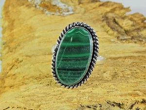 Natural Green Malachite 925 Solid Sterling Silver Ring Size US-8.5 a557 - Picture 1 of 10