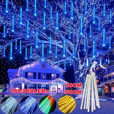 8-80Tubes LED Meteor Shower Falling Lights Christmas Rain Icicle Outdoor XMAS - Image 1 of 4