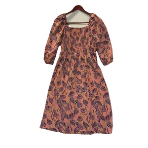 Time and Tru Boho-Kleid 3/4 Arm gesmokt Midi eckiger Ausschnitt Bauern Blumen L - Bild 1 von 10
