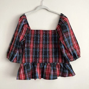 Top Draper James RSVP Calado Cuadros Peplum Talla XL Mangas Hinchadas Vacaciones - Imagen 1 de 9