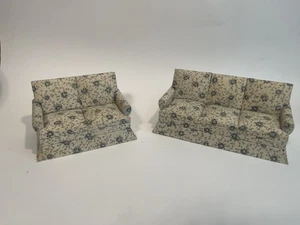 Miniature Doll Furniture Couches Floral Design Beige Blue Or Gray - Picture 1 of 10