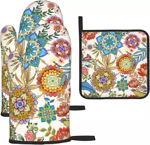 Boho Floral Oven Mitts and Pot Holders Sets, Heat Resistant Kitchen Gloves Hot P - Picture 1 of 7