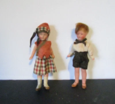 Vtg German Bisque 4" Doll House Figures Boy & Girl Jointed Shoulders & Hips - Image 1 of 4