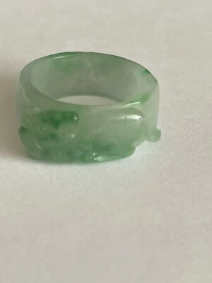 Carved Transparent Natural Green Authentic Burmese Jade Ring Size 9.5 - Image 1 of 4