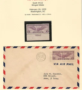 US Scott #C12 mint never hinged og pl# single & First Day Cover 2-10-1930 f/vf - Picture 1 of 5