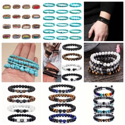 Natural Gemstone Reiki Yoga Bracelet Set Triple Protection Bracelets Xmas Gift - Image 1 of 4