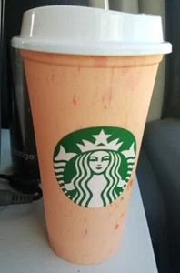 Starbucks Coffee Reusable 16oz Orange/Peach Recycled Cup Limited Scarce NEW - Bild 1 von 8