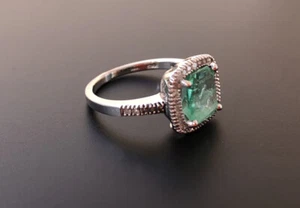 14k White Gold Cushion Cut Natural Emerald   Halo Diamond Cocktail Ring - Picture 1 of 9