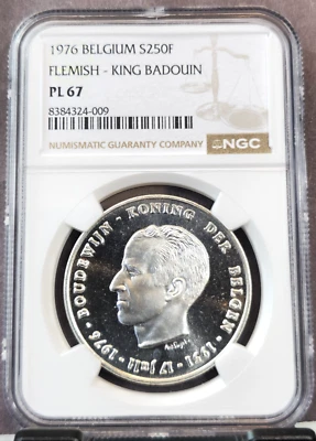 Bélgica plata 250 francos 1976 rey flamenco Badouin NGC PL 67 raro top pop 1 Foto 1 de 3