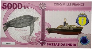 2018 Bassas da India 5000 Francs Fantasy Note - Leatherback Sea Turtle & Submarine - Bild 1 von 2