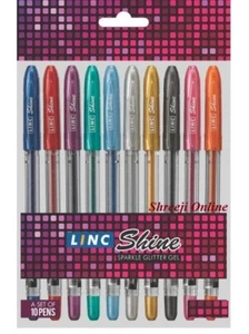 10 x Linc Shine Sparkled GLITTER Gel Pens 0.7 mm FINE Tip 10 colours - Picture 1 of 5