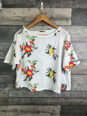 Zara Womens T Shirt Top Size Large White Floral Embroidered Boho Boxy Casual - Image 1 of 4