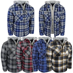 Mens Plaid Flannel Hoodie Soft Shirt Fuzzy Fleece Sherpa Lined Zip-Up 4 Pocket a - Picture 1 of 39