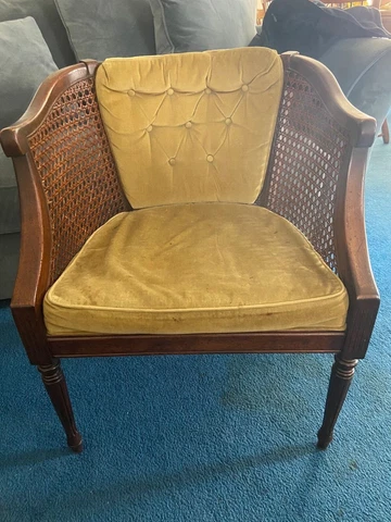 Mid Century Modern Yellow Gold Tufted barrel Chair with Caning Cover